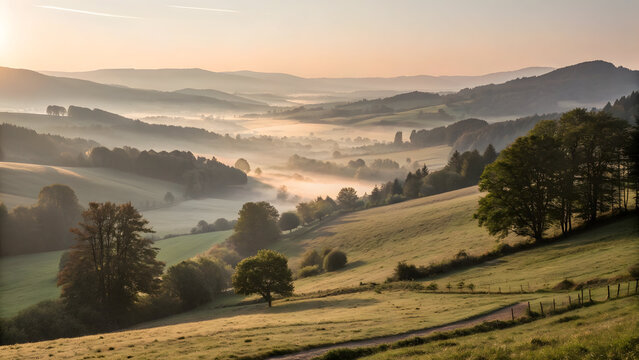 Serene countryside landscape with rolling hills at sunrise - Powered by Adobe