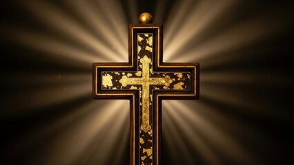 Ornate wooden cross with gold inlay illuminated by divine light rays.