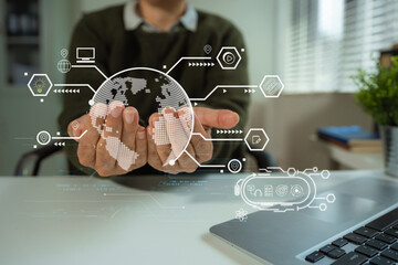 Learning online working concept. Businesswoman working on tablet and laptop computer, searching working in office.