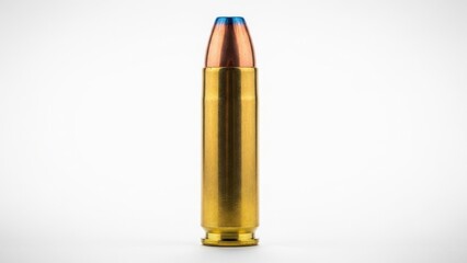 A single brass cartridge with a blue tip stands vertically against a white background