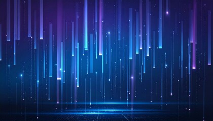 Digital neon data stream with vertical light beams in blue, purple, and cyan on a glowing platform.