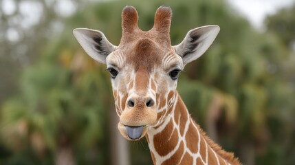 Playful Giraffe Sticking Out Tongue in a Natural Habitat, Captivating Close-Up of a Curious Animal Inviting Tourists to Smile and Enjoy Nature's Beauty