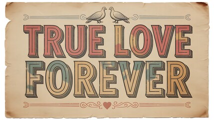 Aged Paper Texture Background with Vintage Style Typography Reading TRUELOVEFOREVER Featuring Two Pigeons and Decorative in a Warm Color Palette Keywords: Vintage, Retro, Typography