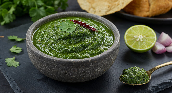 a bowl of coarse green chutney