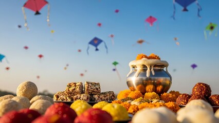 Traditional Indian sweets and Makar Sankranti festival celebration with kites in the sky