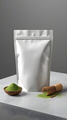 Blank white stand up pouch mockup with green matcha powder on a marble table background