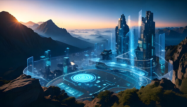 Futuristic Digital Grid and Hologram City with Glowing Data - Powered by Adobe