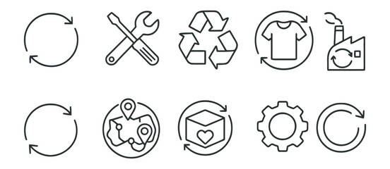 Recycling and Sustainability Icon Set with Circular Arrows Tools Clothes Factory Map Box Gear Refresh Symbols on Isolated White Background Vector