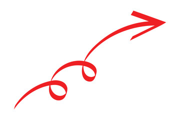 Red twisted arrow concept shows direction for future goals and success pointing to right isolated on white background with curvy lines and swirling turns in movement