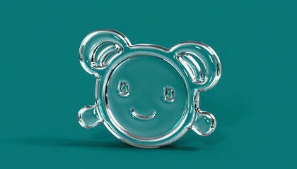 Shiny Teal Metal Bear Charm on Teal Background with Playful Face.