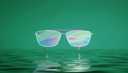 Floating sunglasses on emerald water with green backdrop.