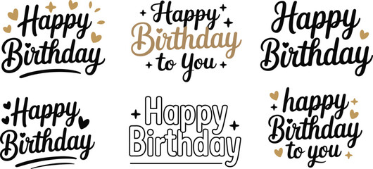 Fototapeta premium Happy Birthday hand drawn lettering set with gold hearts and stars isolated on white background for greeting cards and celebrations (20 words)
