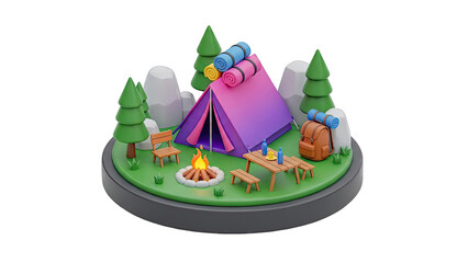 3D Isometric Camping Scene with Tent and Campfire