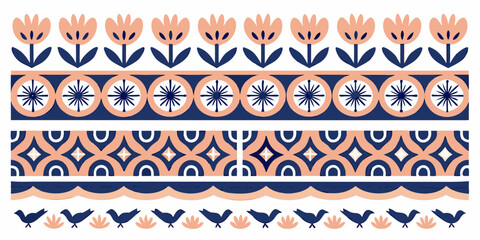 Stylized floral and geometric pattern featuring tulips circles and wave motifs © Provhash