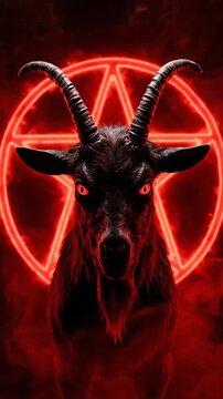 A black goat with glowing red eyes and horns stares intensely in front of a red pentagram