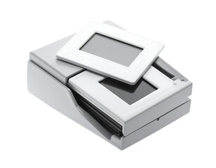 Stack of old photo slides in a tray. One slide is slightly ajar