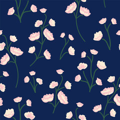 Hand drawn blushing blooms and stems in a midnight garden as a minimalist botanical pattern in colors of pink, off white and green on blue background. Floral seamless vector pattern. Home decor, etc.