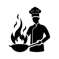 Chef Cooking with Flames Icon on White Background.