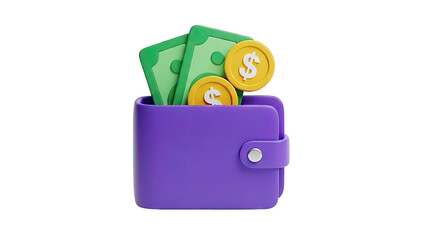 3D Render of a Purple Wallet Filled with Cash and Coins