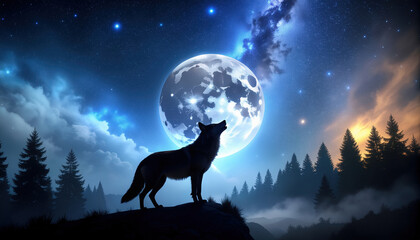 Silhouette of a wolf howling at the moon at starry, a full moon, supermoon night. Tree silhouettes and fog in the background.