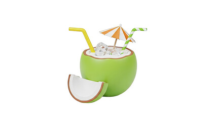 3D Render of a Refreshing Coconut Drink with Ice and Straws