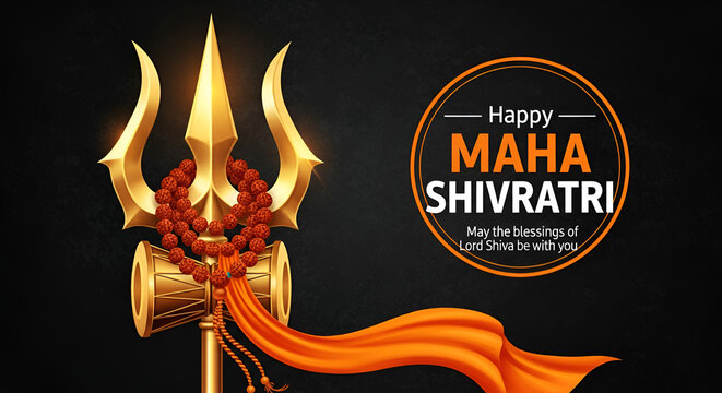 Happy Maha Shivratri vector illustration with Lord Shiva silhouette, Trishula, and sacred Om symbol on a spiritual background