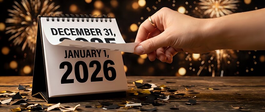 Hand turning calendar page from December 31 to January 1 2026 with fireworks and bokeh lights.