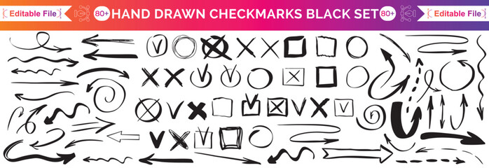 School board design featuring children's doodles, scribbles. Graphic set - arrows, circles, stars, sketch, highlighters, brushes, scribbles and doodles drawn with felt-tip pen, chalk, pen. Vector set