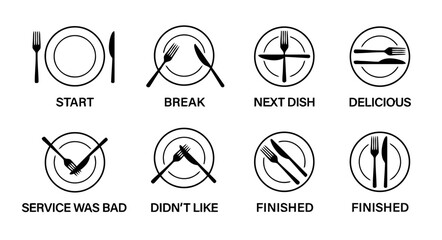 Restaurant Table Setting Icons Representing Etiquette for Diners Displaying the Correct Way to Indicate the Start Break Next Dish and Completion of a Meal