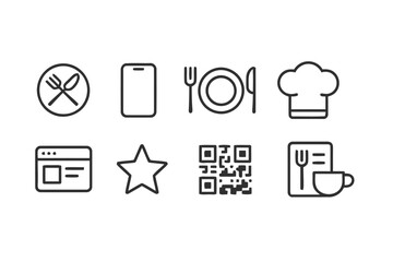 Restaurant Icons Including Plate With Utensils Smartphone Chef Hat Star Qr Code And More In Simple Outline Style Vector Illustration