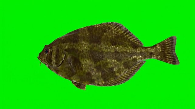 Realistic detailed animated flatfish swimming left on green screen background ocean life
