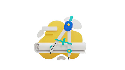 3D Illustration of a Compass and Rolled Paper with Abstract Shapes