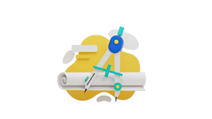 3D Illustration of a Compass and Rolled Paper with Abstract Shapes