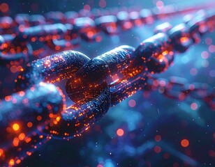 Close-up view of a glowing chain with a digital, futuristic aesthetic