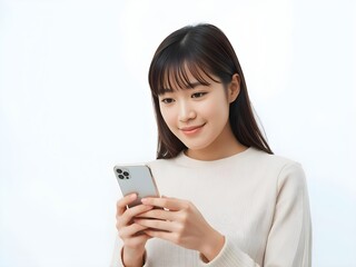 Woman studying online using a smartphone, single person, clean white background, minimal setup, focused look, simple pose, education concept, realistic stock image
