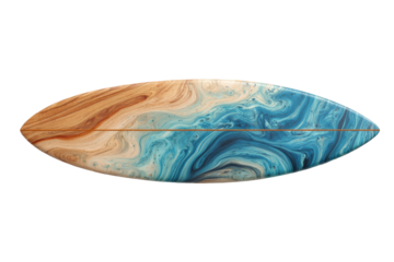 Wooden surfboard with swirling blue and tan resin art design image, Png On White Background, Isolated on Transparent Background, Cut Out