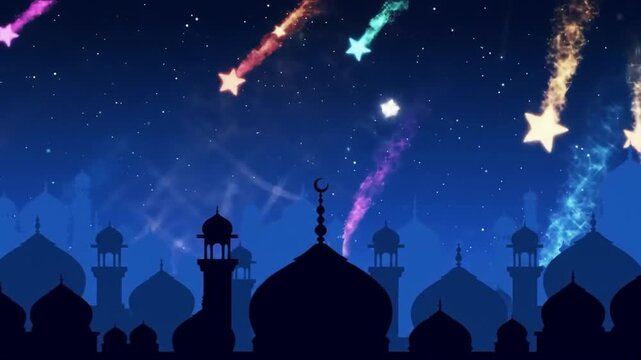 Night sky animation featuring stars and silhouetted cityscape