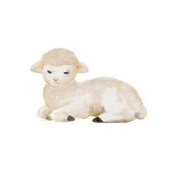 Lamb resting in a calm pose, soft watercolor painted in gentle neutral tones, ideal for nursery decor, childrens books, farm-themed designs, educational materials, and peaceful pastoral illustrations.