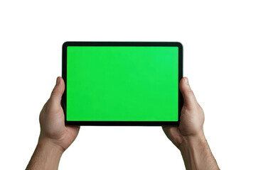 Hands holding tablet computer with green screen on black background device, Png On White Background, Isolated on Transparent Background, Cut Out