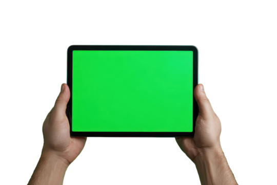 Hands holding tablet computer with green screen on black background device, Png On White Background, Isolated on Transparent Background, Cut Out - Powered by Adobe