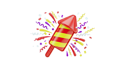 3D Render of a Firework Rocket with Confetti and Streamers