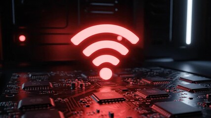 Glowing WiFi symbol above a circuit board, with red light. Futuristic, high-tech, digital concept - Powered by Adobe
