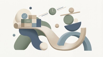 Abstract Supply Chain Logistics Illustration with Boxes, Flow Path and Time Icons in Minimal Pastel Colors