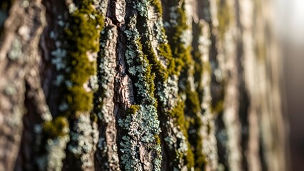Obraz premium Close-up texture of moss and lichen growing on rough tree bark in a natural outdoor environment, highlighting the intricate details of forest ecosystems