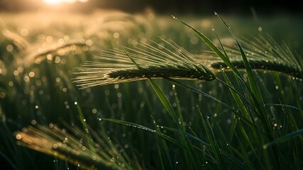 Dewdrops on a golden wheat field at sunrise, creating a magical and serene natural landscape