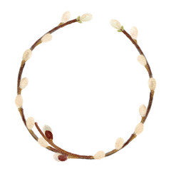 Willow branch wreath watercolor illustration with soft fluffy catkins on curved twigs, hand-painted isolated on white, ideal for spring decor, Easter designs, botanical branding, invitations, cards
