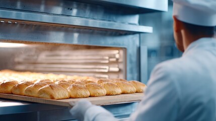 Baker in white uniform carefully removing freshly baked bread from oven, showcasing golden crust and steam, highlighting the art of baking and culinary craftsmanship