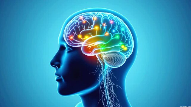A video showcasing a colorful human brain with glowing neural connections inside a human head, set against a blue background.