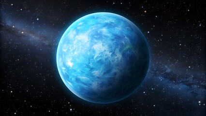 Blue planet floating in outer space with stars and galaxy