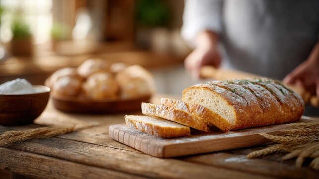 Freshly baked bread loaf, sliced on wooden board, surrounded by rustic kitchen elements, with soft natural light illuminating the warm, inviting atmosphere of home baking - Powered by Adobe